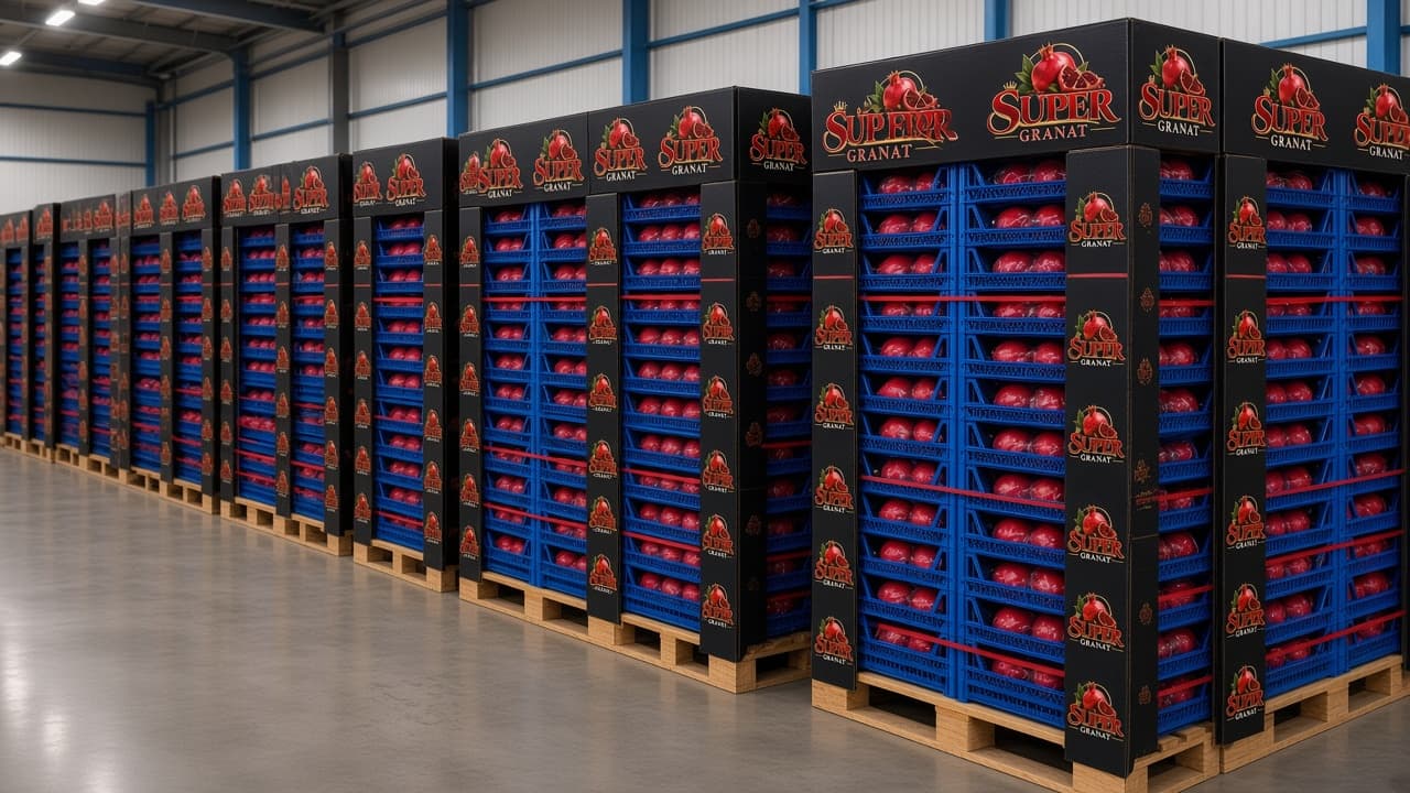 Depoda sıralı mavi kasalı export paletler